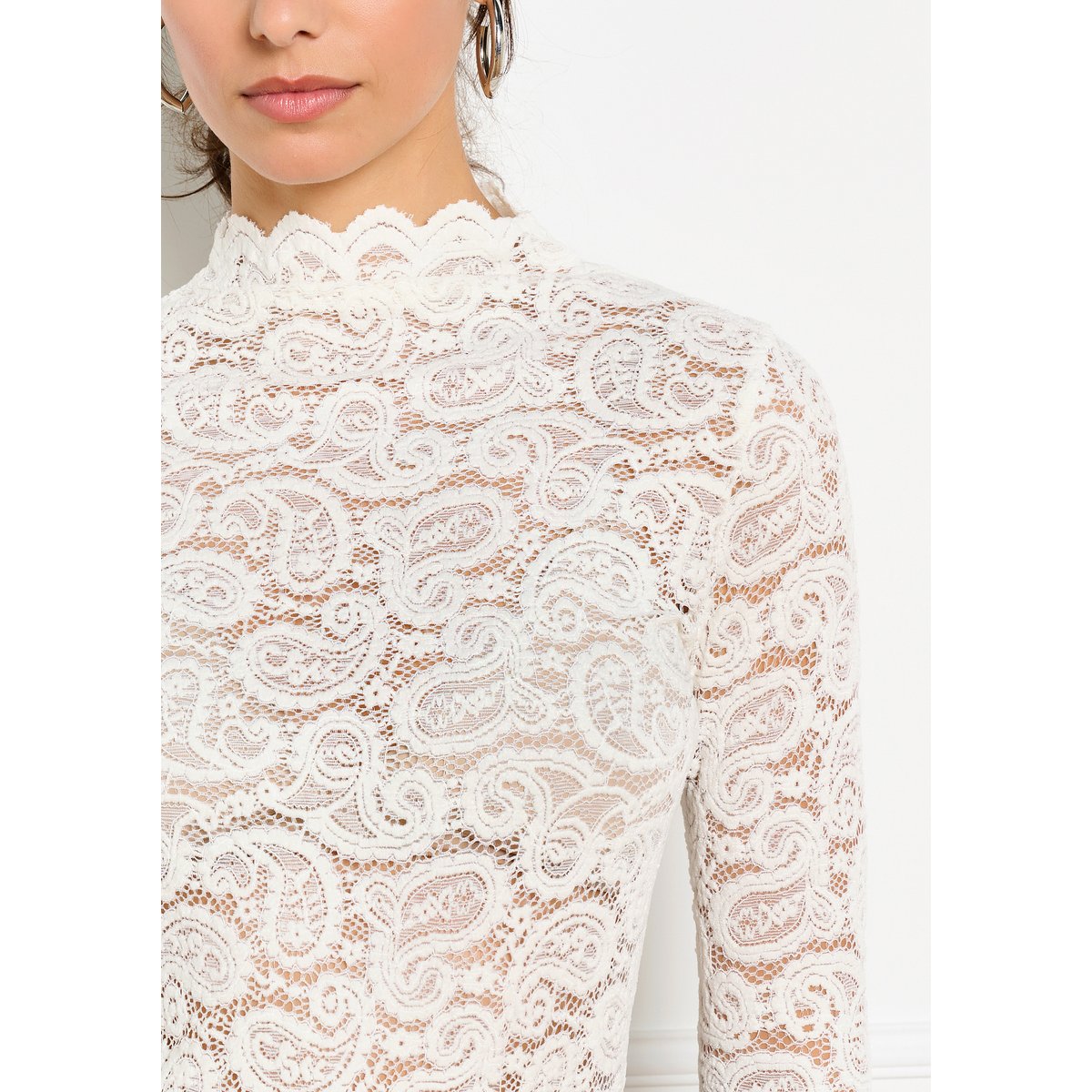 T-shirt col montant en dentelle blanc casse, LOLALIZA