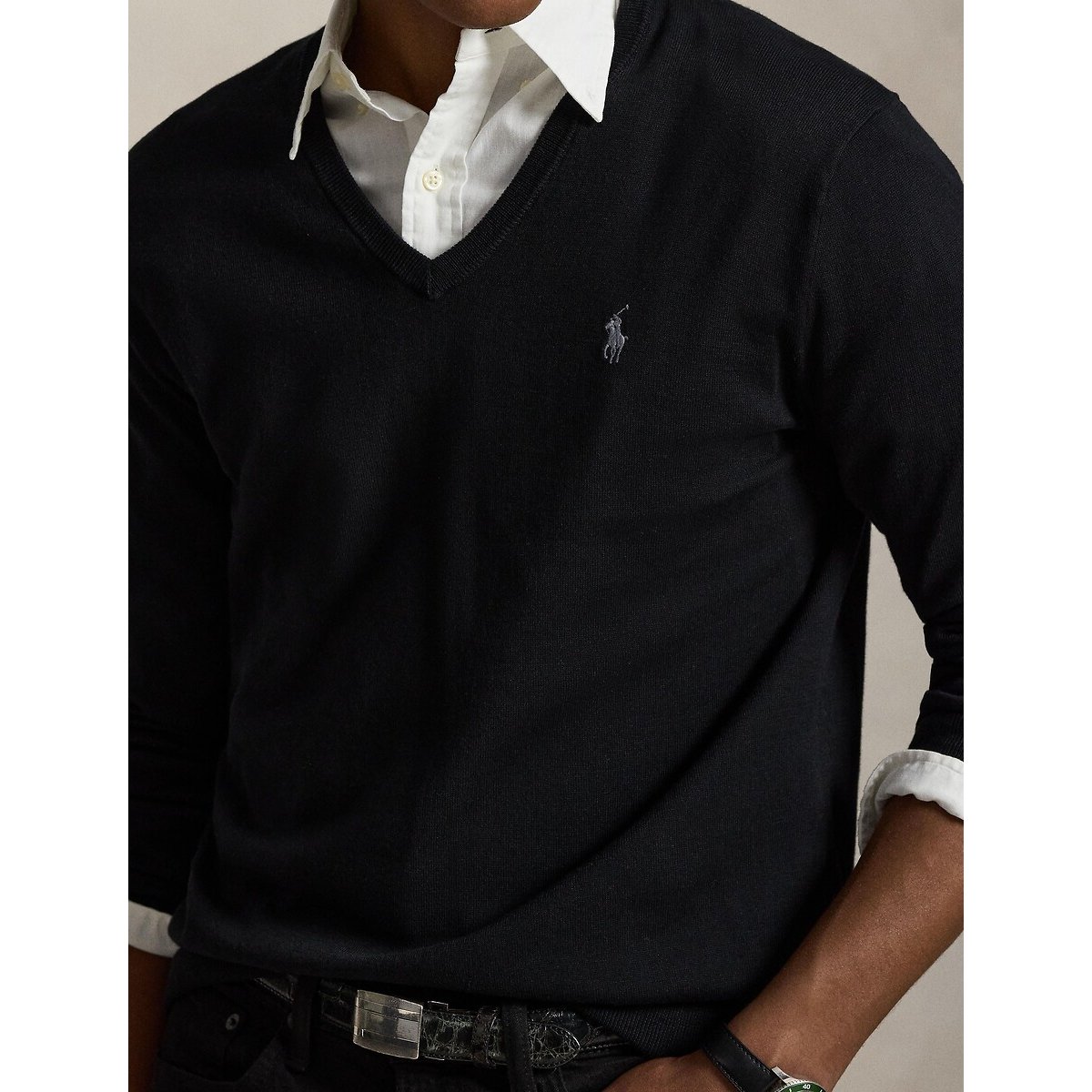 Camisola de decote em V, em algodão Pima preto , POLO RALPH LAUREN