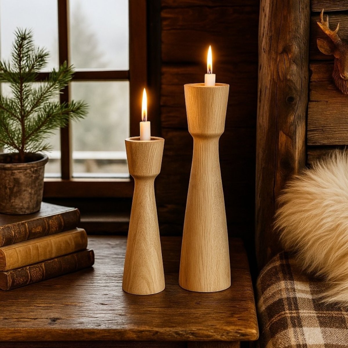 Lot de 2 bougeoirs en manguier 21, 26cm naturel, ORNAMI
