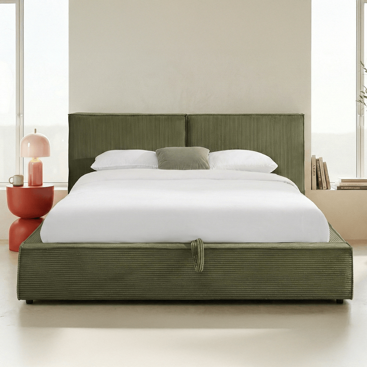 Lit coffre avec tête de lit en velours côtelé - ARNO vert kaki, HOMIFAB