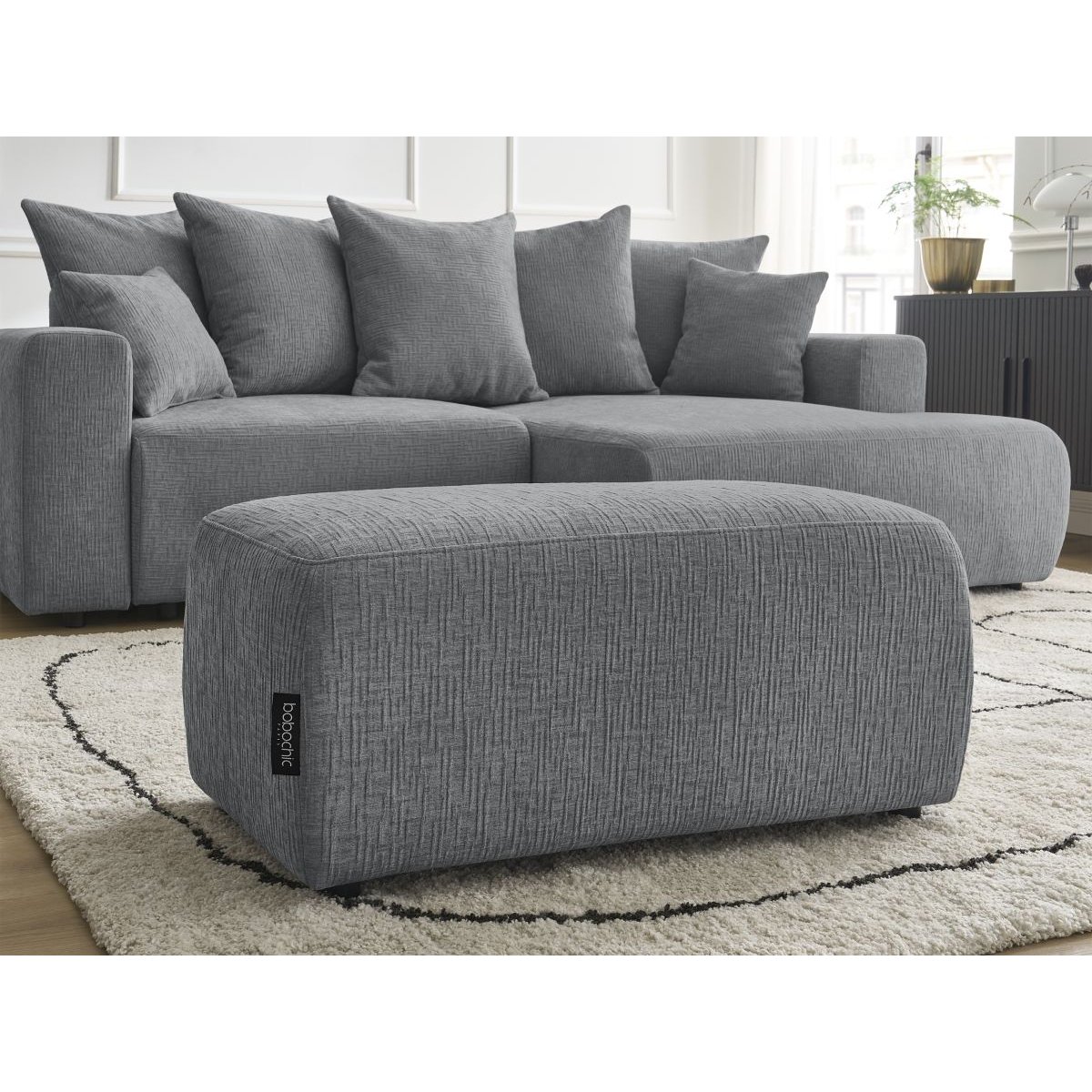 Canapé d'angle convertible 5 places en tissu texturé avec pouf, ATILLA gris foncé, BOBOCHIC