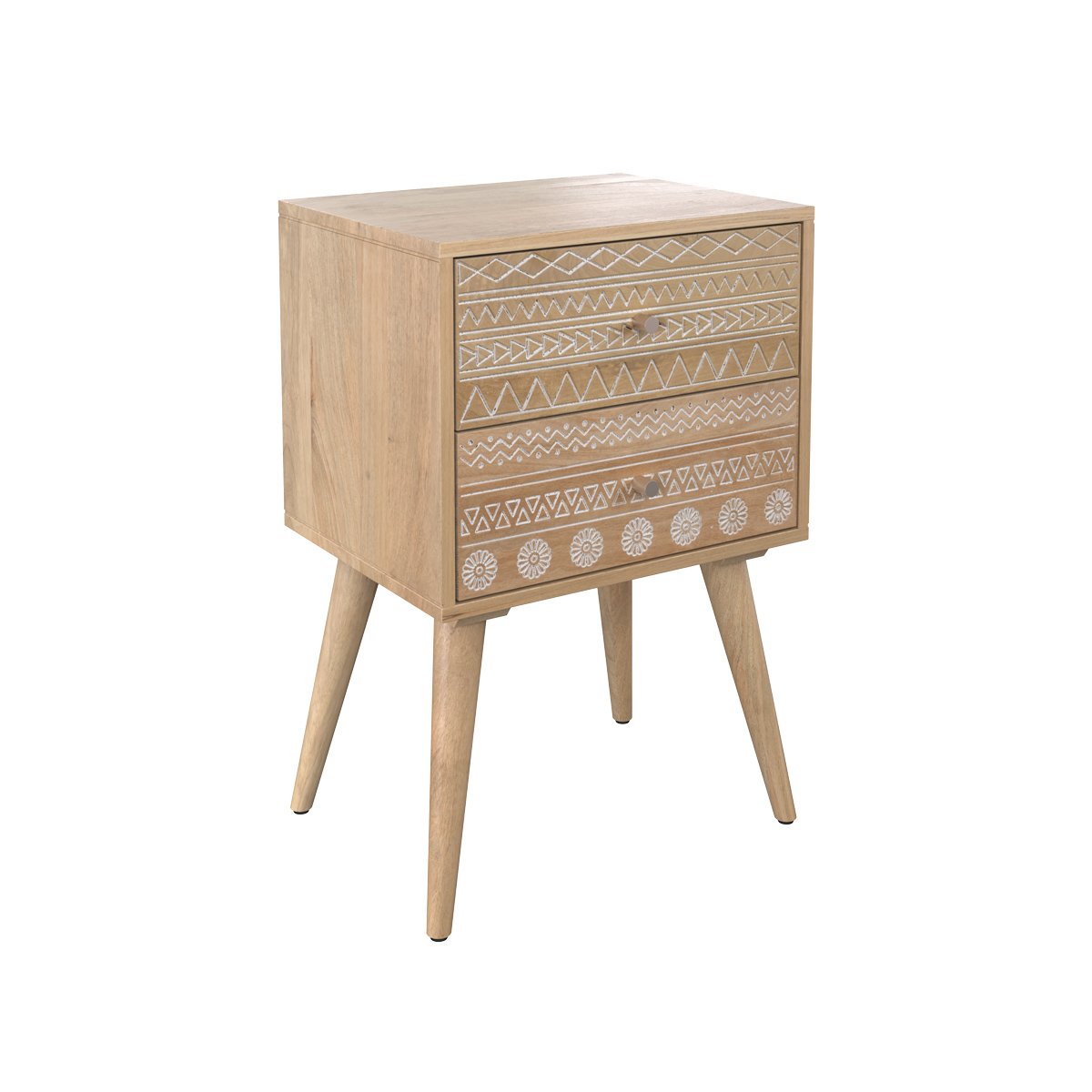Table de chevet en bois de manguier gravé 2 tiroirs - TINY bois clair, MAISON PAVANE