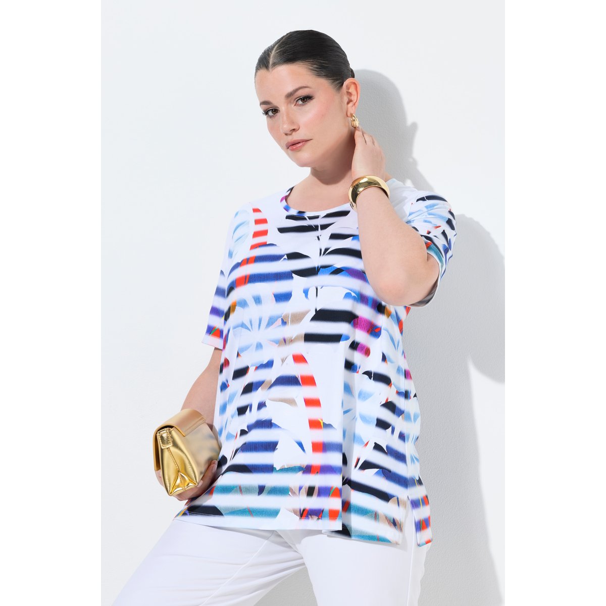 T-shirt en coton Pima, motif fleurs/rayures blanc neige, ULLA POPKEN