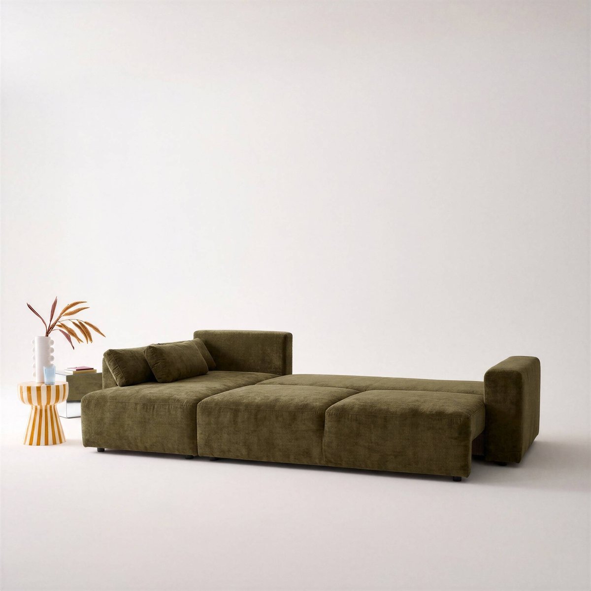 Canapé d'angle convertible réversible 3 places tissu chenille avec coffre THEO kaki, SWEEEK