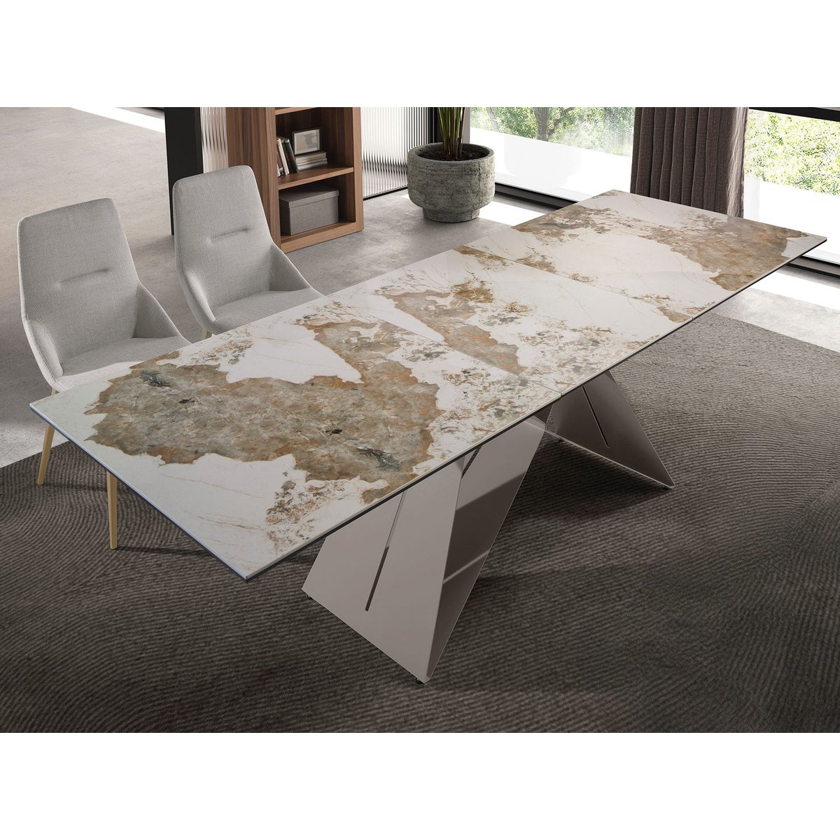 Table de salle à manger rectangulaire à rallonge en marbre porcelaine et acier gris taupe blanc | gris taupe, ANGEL CERDA