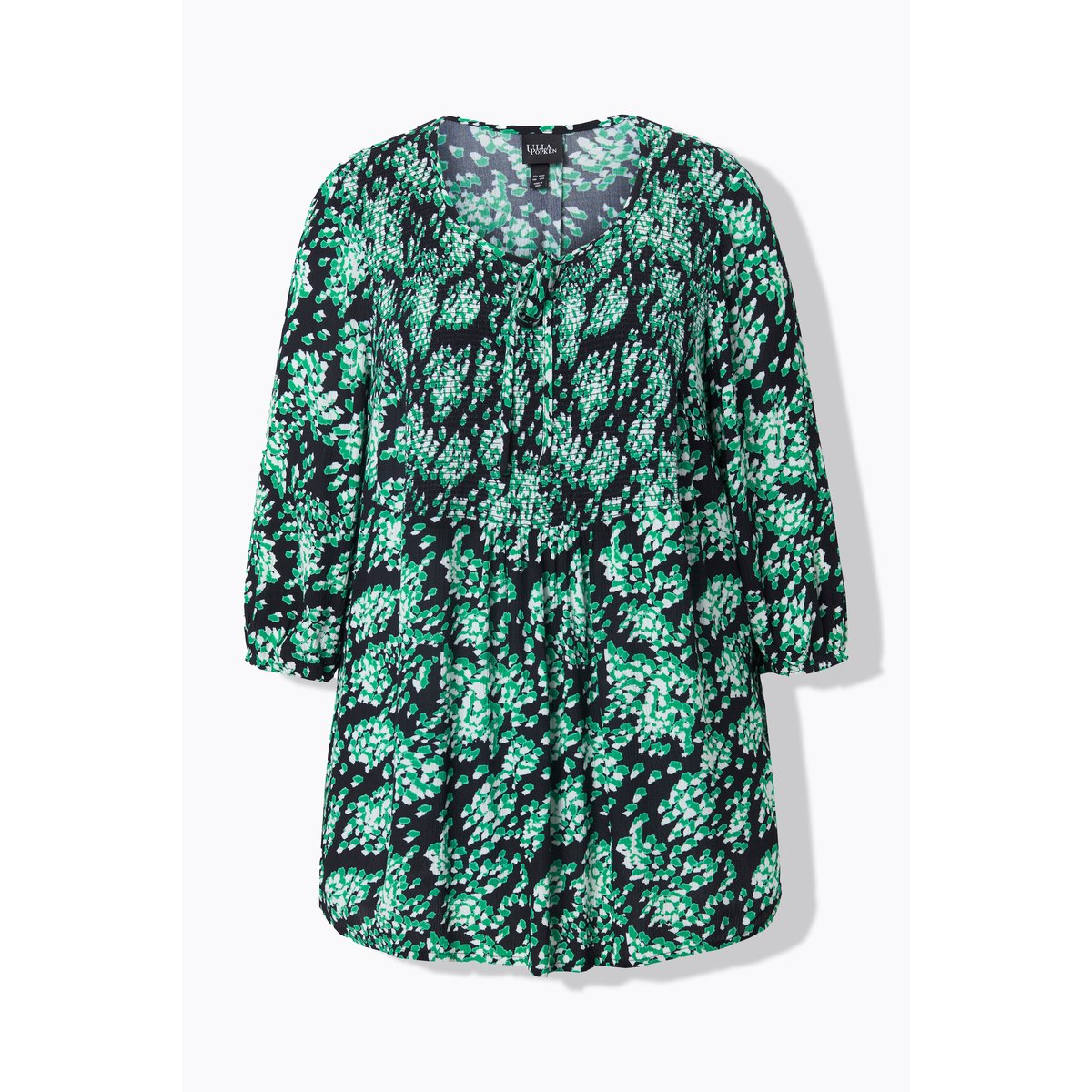 Blouse smockée, imprimé intégral et col rond gris asphalte, ULLA POPKEN