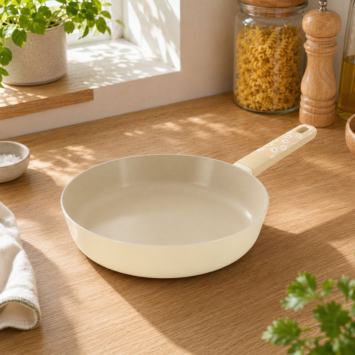 Poêle 24cm en aluminium, MARGUERITE beige, MENASTYL