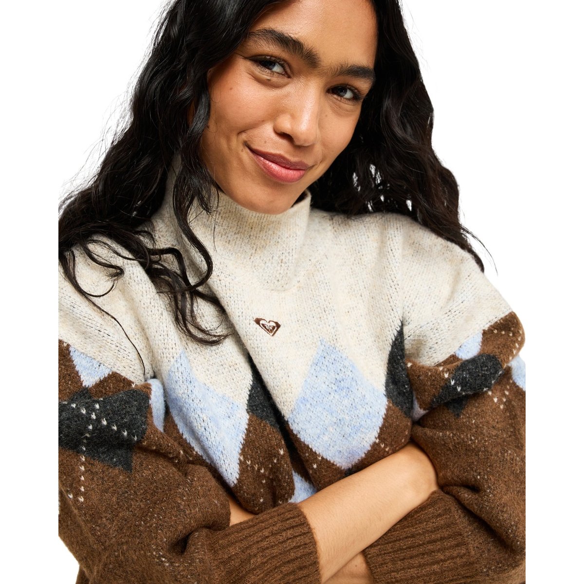 Pull à col montant en losanges LETS GET HIGH. marron chestnut, ROXY