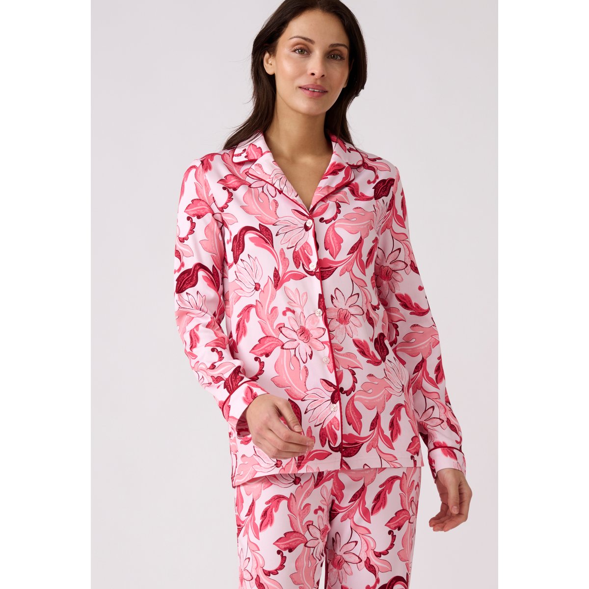 Pyjama boutonné tissu satiné rose fleuri, DAMART