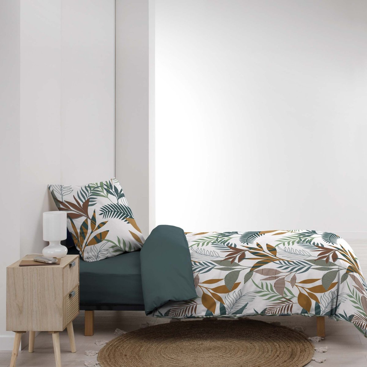 Parure de lit 2 pièces 100% coton à motifs végétaux housse + taie bleu, DOUCEUR D'INTÉRIEUR