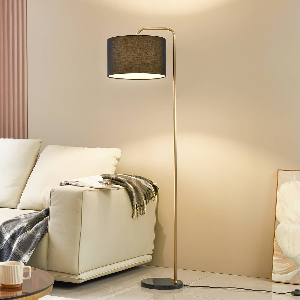 Lampadaire en textile moderne, Hillary noir, or, LINDBY