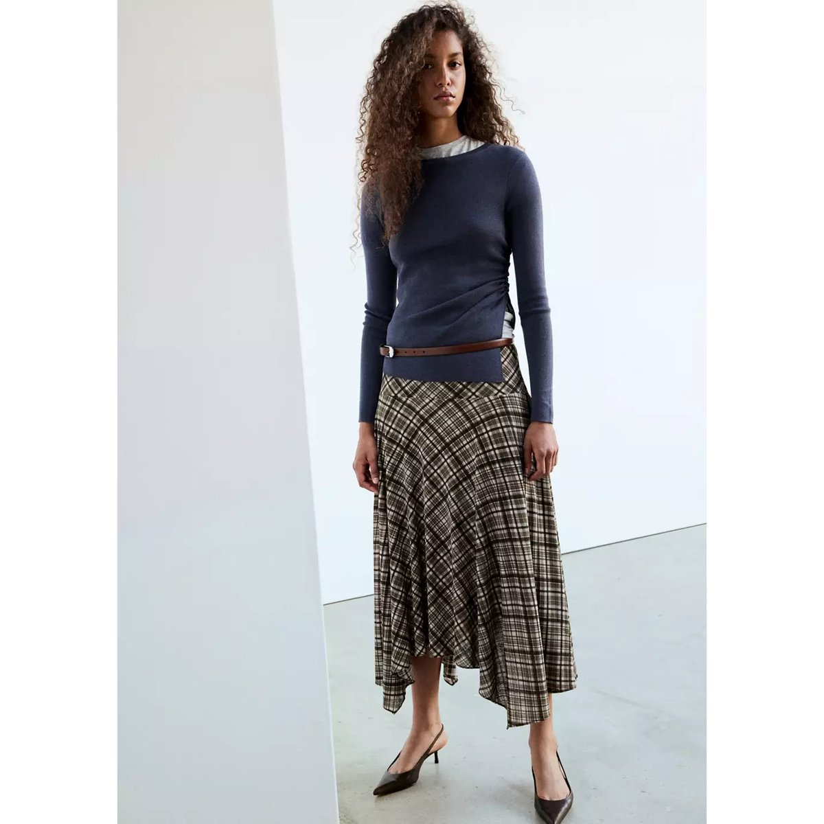 Jupe asymétrique carreaux marron, MANGO