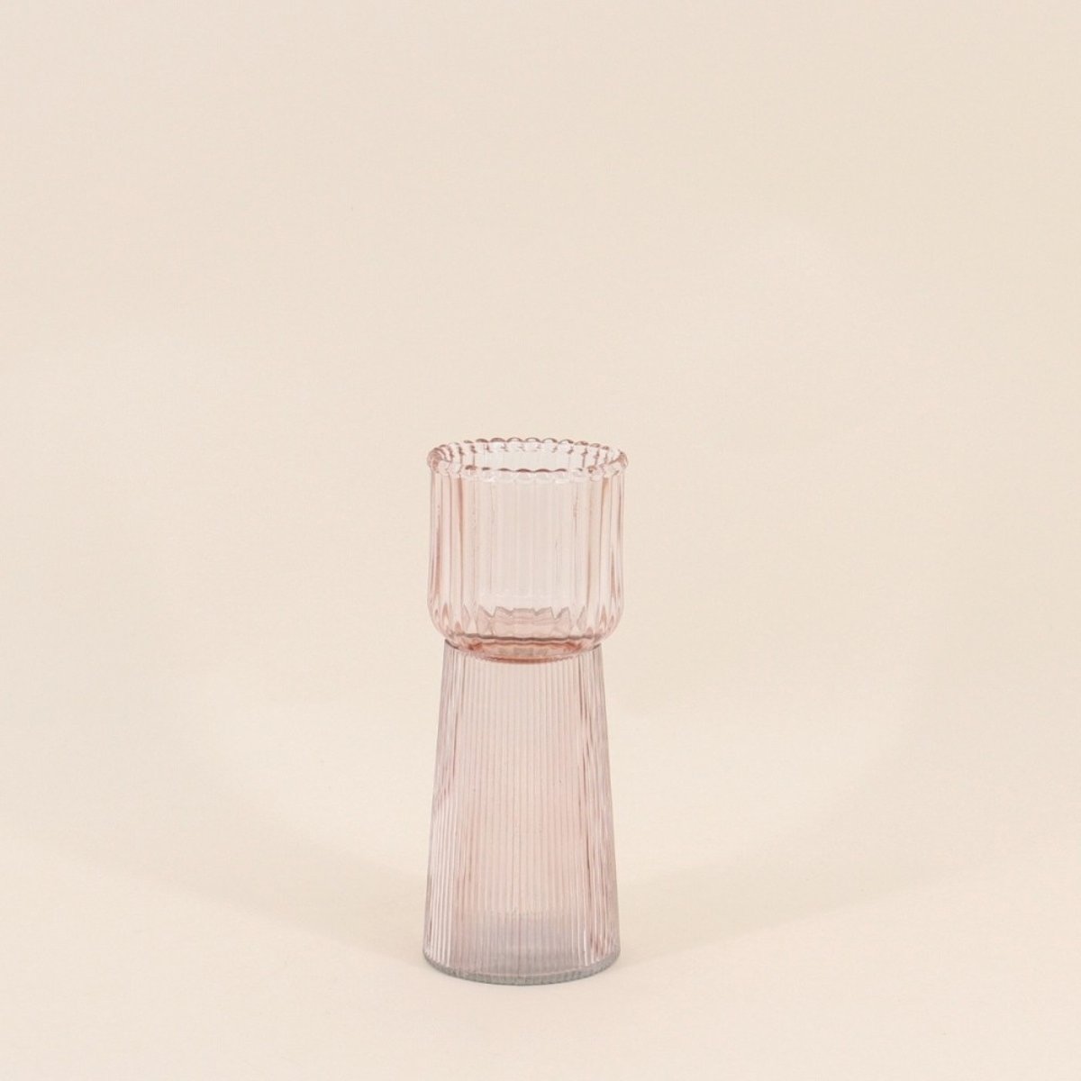 Bougeoir en verre strié 19cm rose, ORNAMI