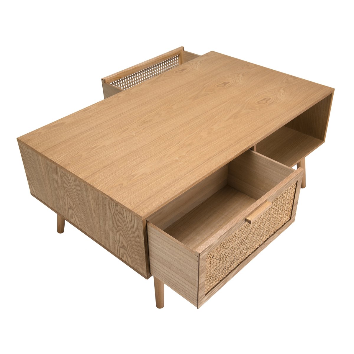 Table basse 100x60cm en bois et tiroir cannage en rotin style vintage PALMA bois naturel, PIER IMPORT