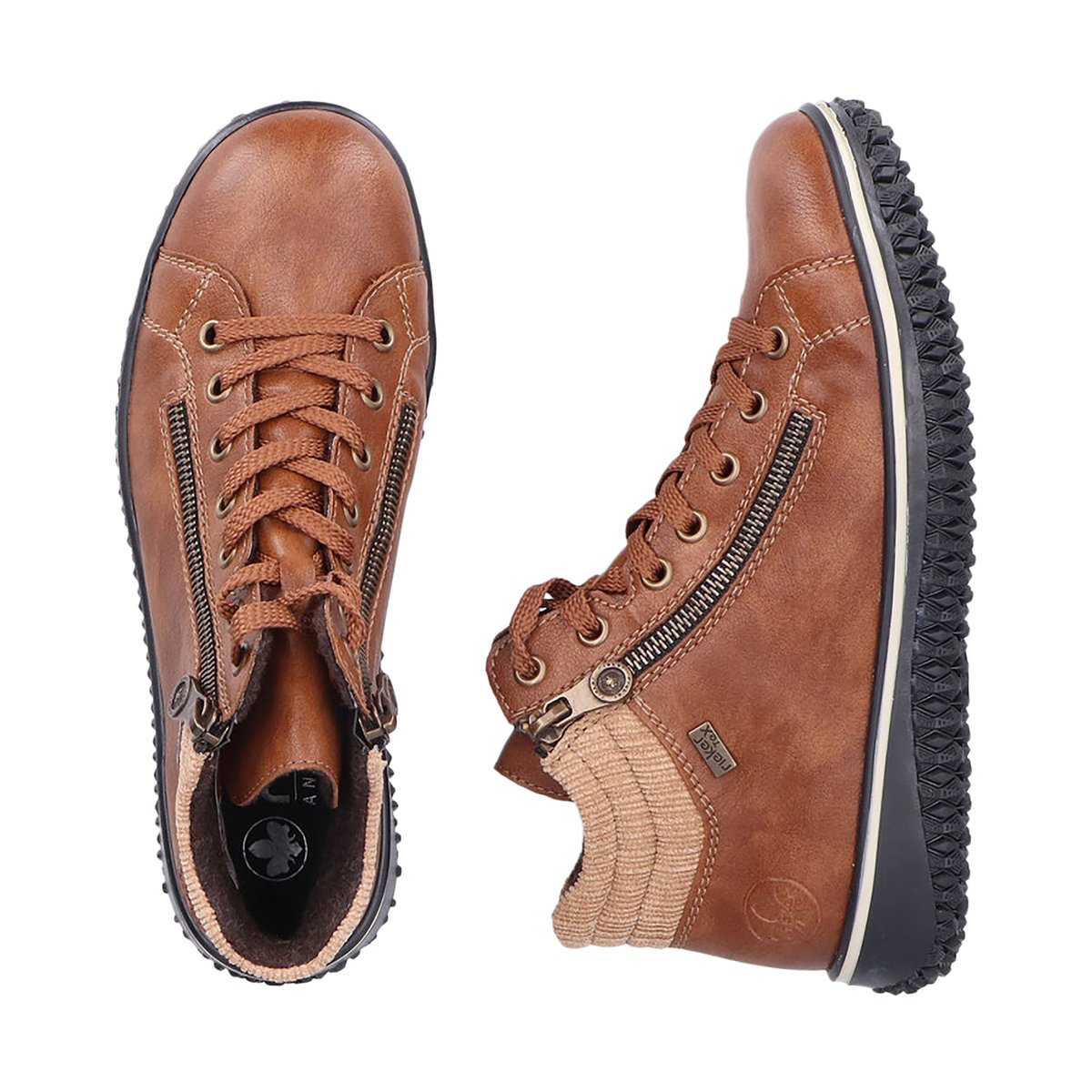 Bottines cognac à talon plat avec des lacets et deux zips latéraux cognac, RIEKER