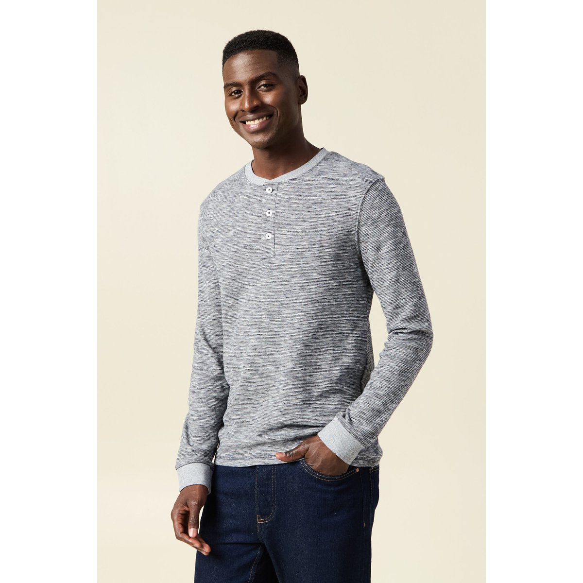 T-shirt en coton manches longues bleu foncé, BONOBO