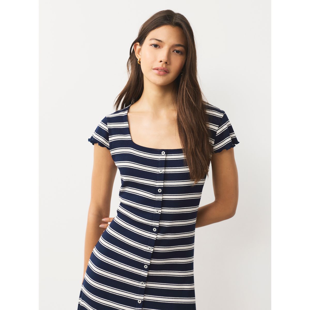 Robe longue en jersey à manches courtes rayures marine/noir, NEXT