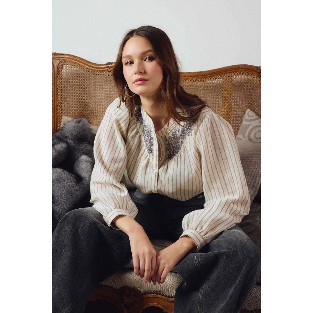 Blouse à rayures col Mao cream, MOLLY BRACKEN