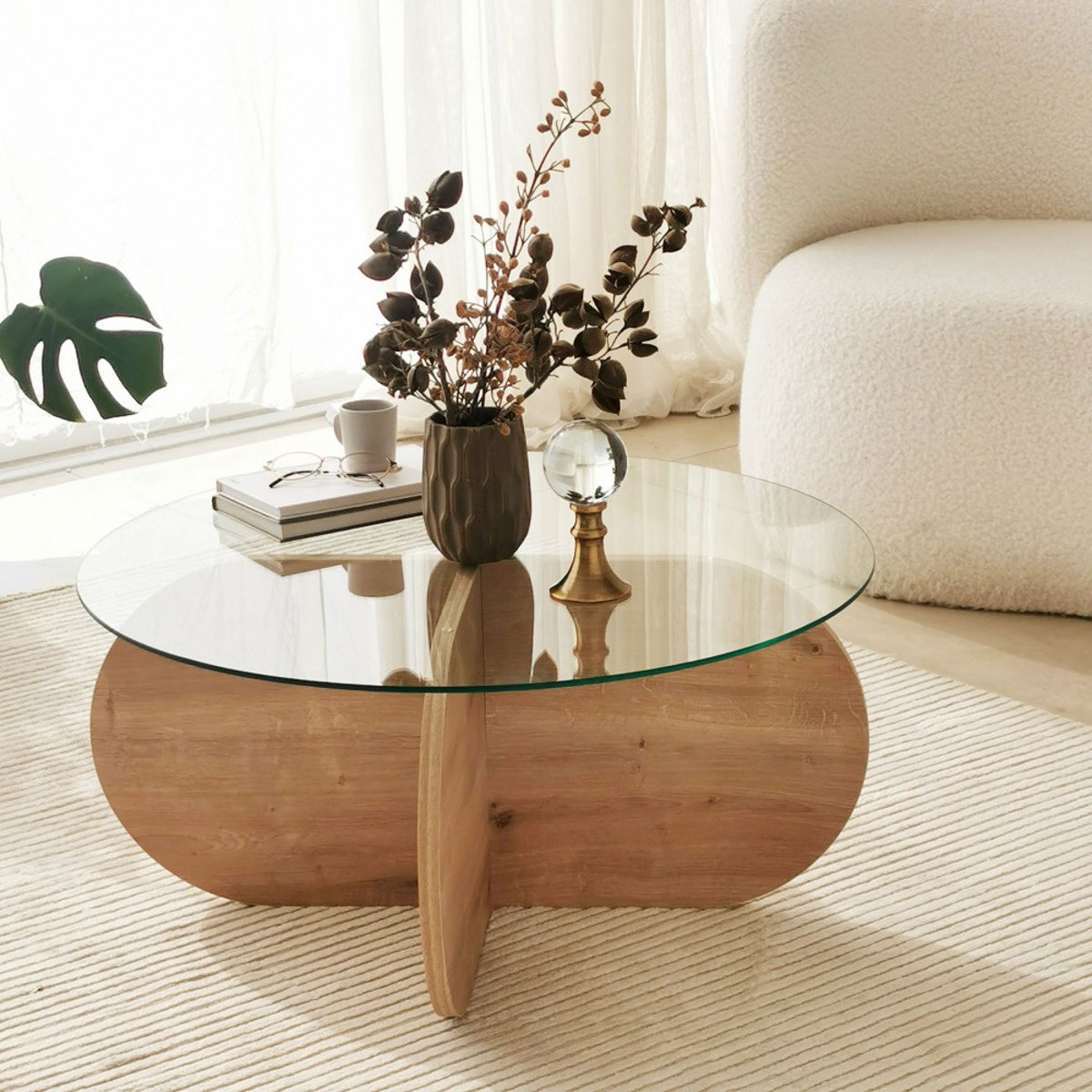 Table basse ronde en verre trempé et bois  75cm- BULLY I bois clair, DRAWER