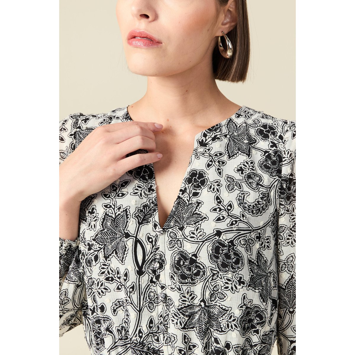 Robe fluide col v manches longues blanc, BONOBO
