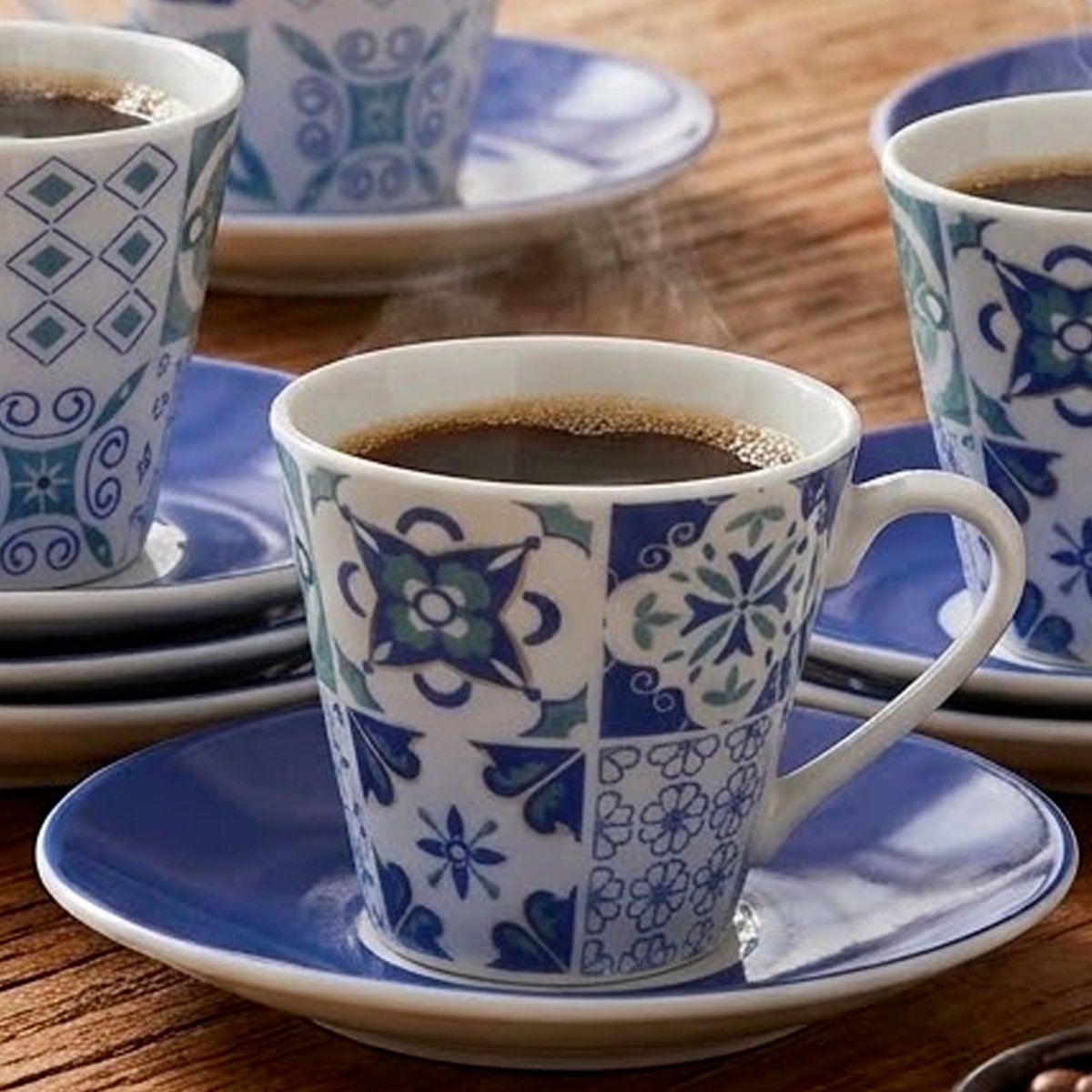 Set de 6 tasses et dessous de tasses porcelaine carreaux de ciment bleu bleu & blanc, VERSA