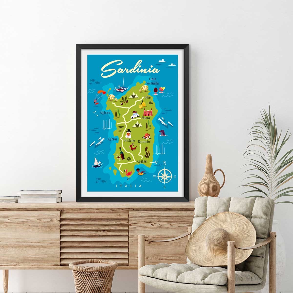 Poster de tourisme en sardaigne affiche + cadre en bois - noir, HEXOA
