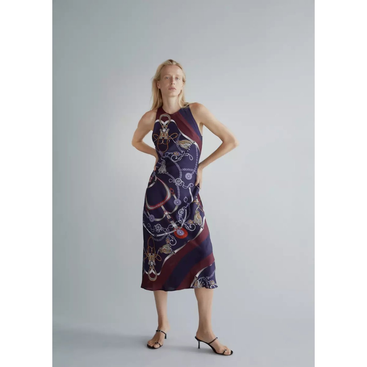 Robe halter imprimé chaînes bleu marine, MANGO