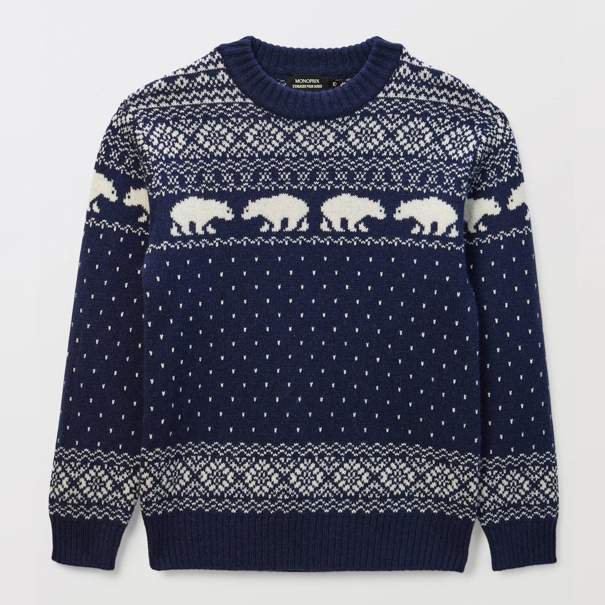 Pull col rond jacquard contenant de la laine ombre bleue, MONOPRIX
