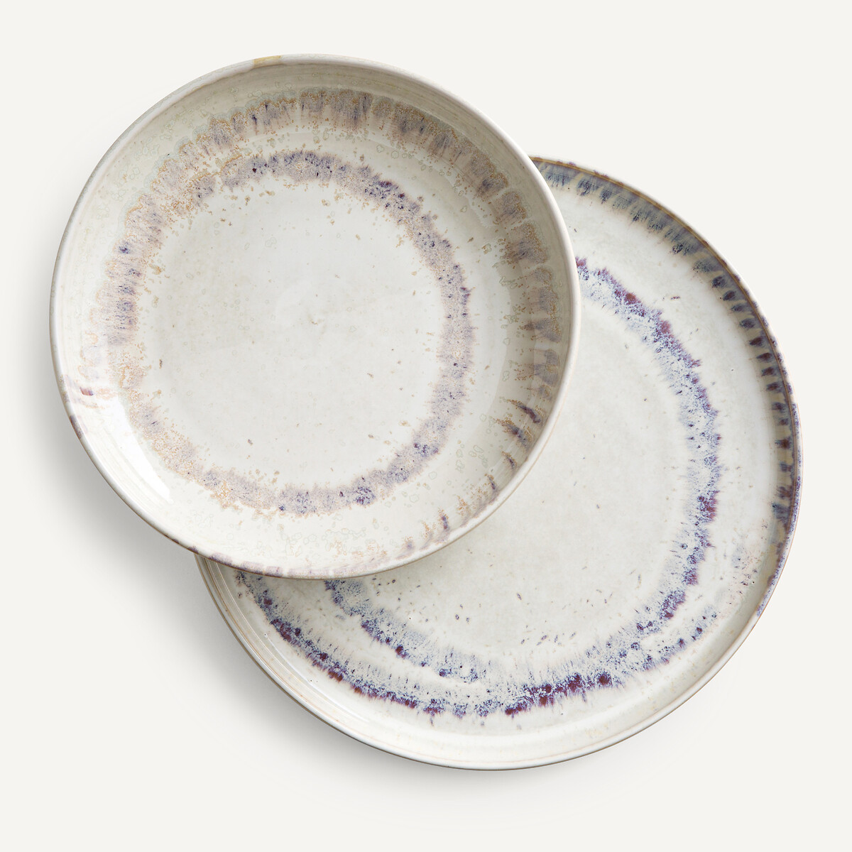 Lot 4 assiettes plates grès émail réactif, Traba blanc, AM.PM