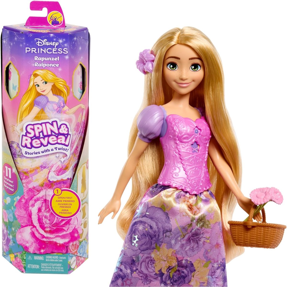 Princesses Disney Spin & Reveal-Poupée Raiponce multicolore, MATTEL