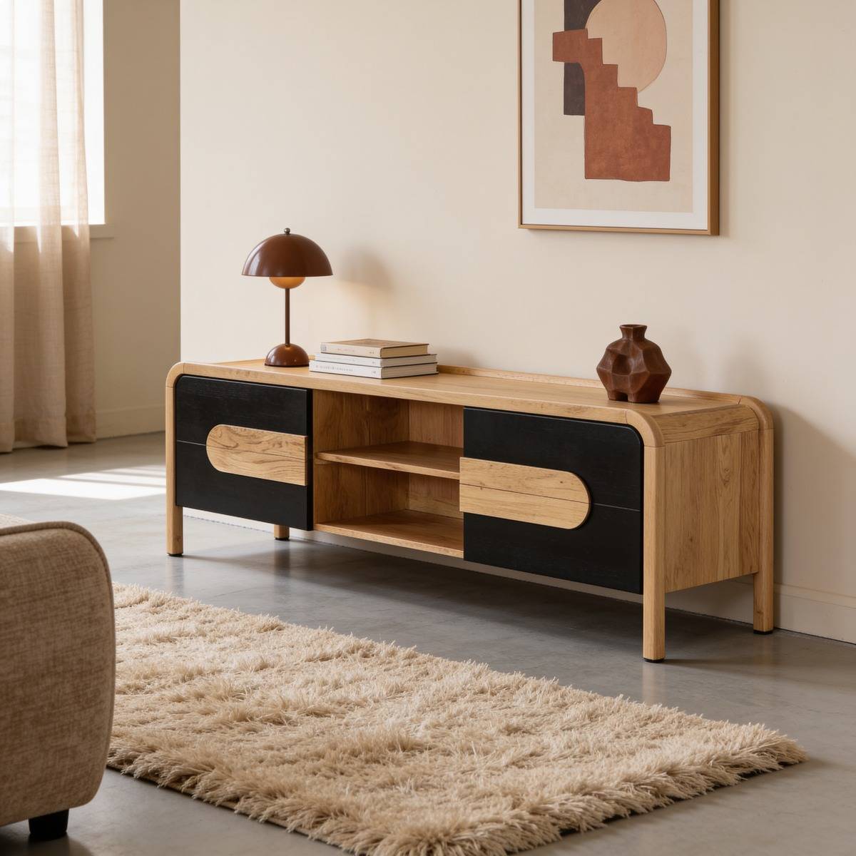 Meuble TV en bois d'acacia CESAR noir, MADE IN MEUBLES 