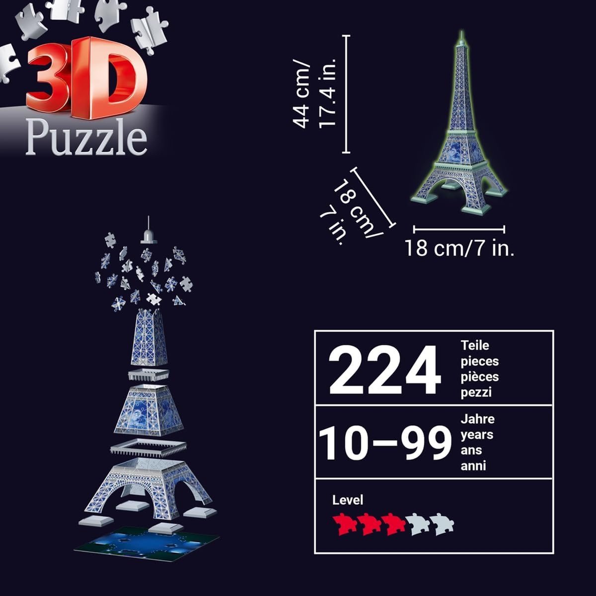 Puzzle 3D Building - Tour Eiffel phosphorescente multicolore, RAVENSBURGER