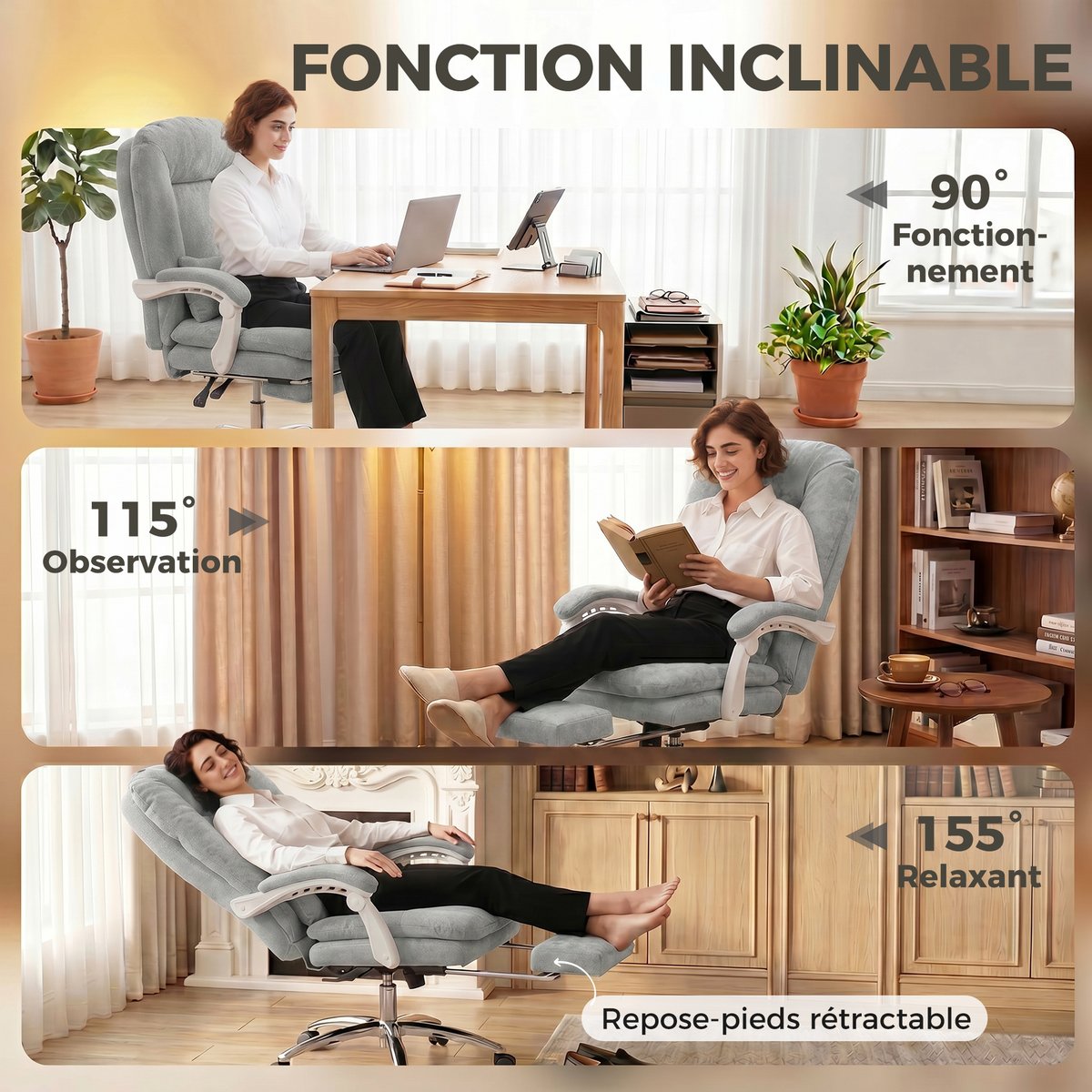 Chaise de bureau Velours (100 % Polyester) gris clair, HOMCOM