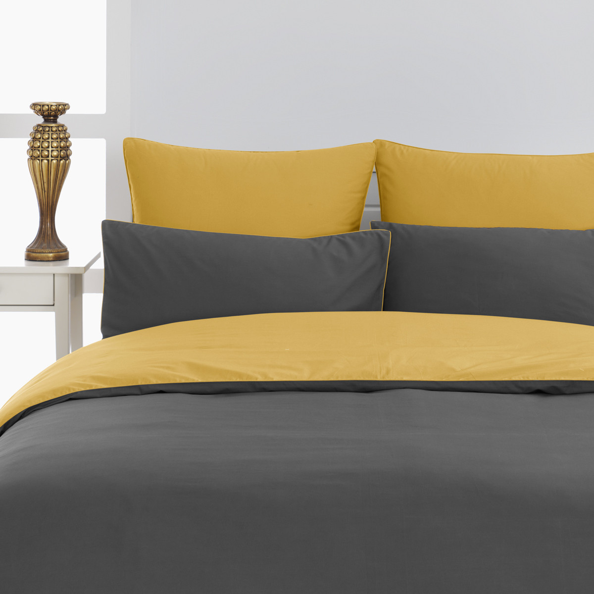 Housse de couette bicolore en percale coton DOZMARY gris perle/blanc, SENSEI MAISON