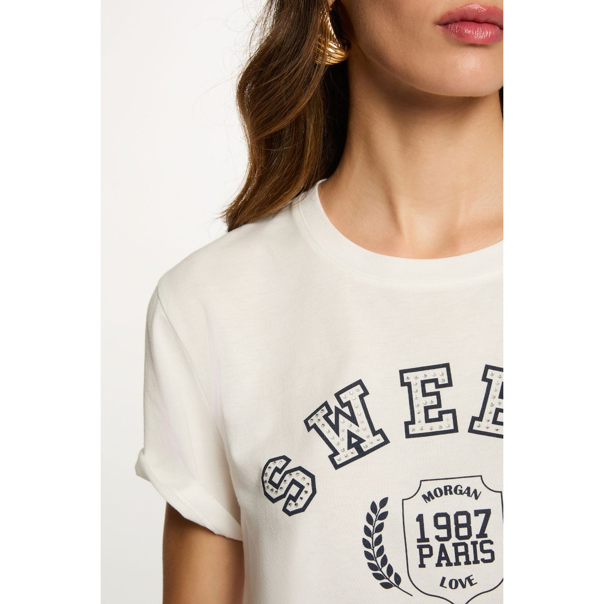 T-shirt court imprimé blanc, MORGAN