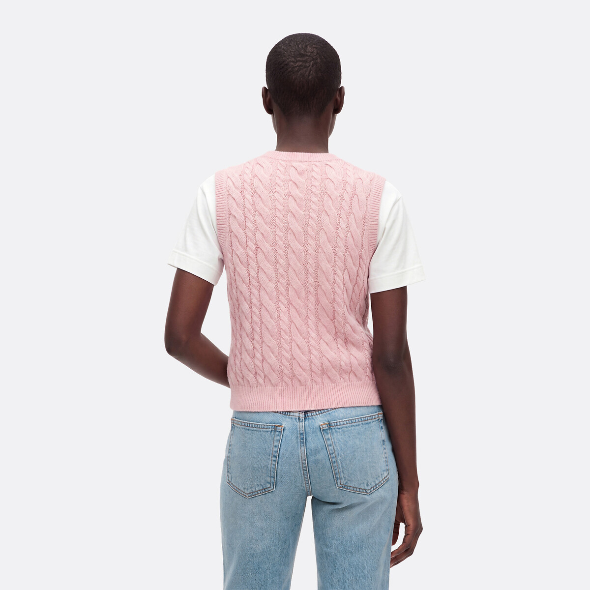Pull sans manches col V torsadé en alpaga mélangé rose clair, LA REDOUTE COLLECTIONS