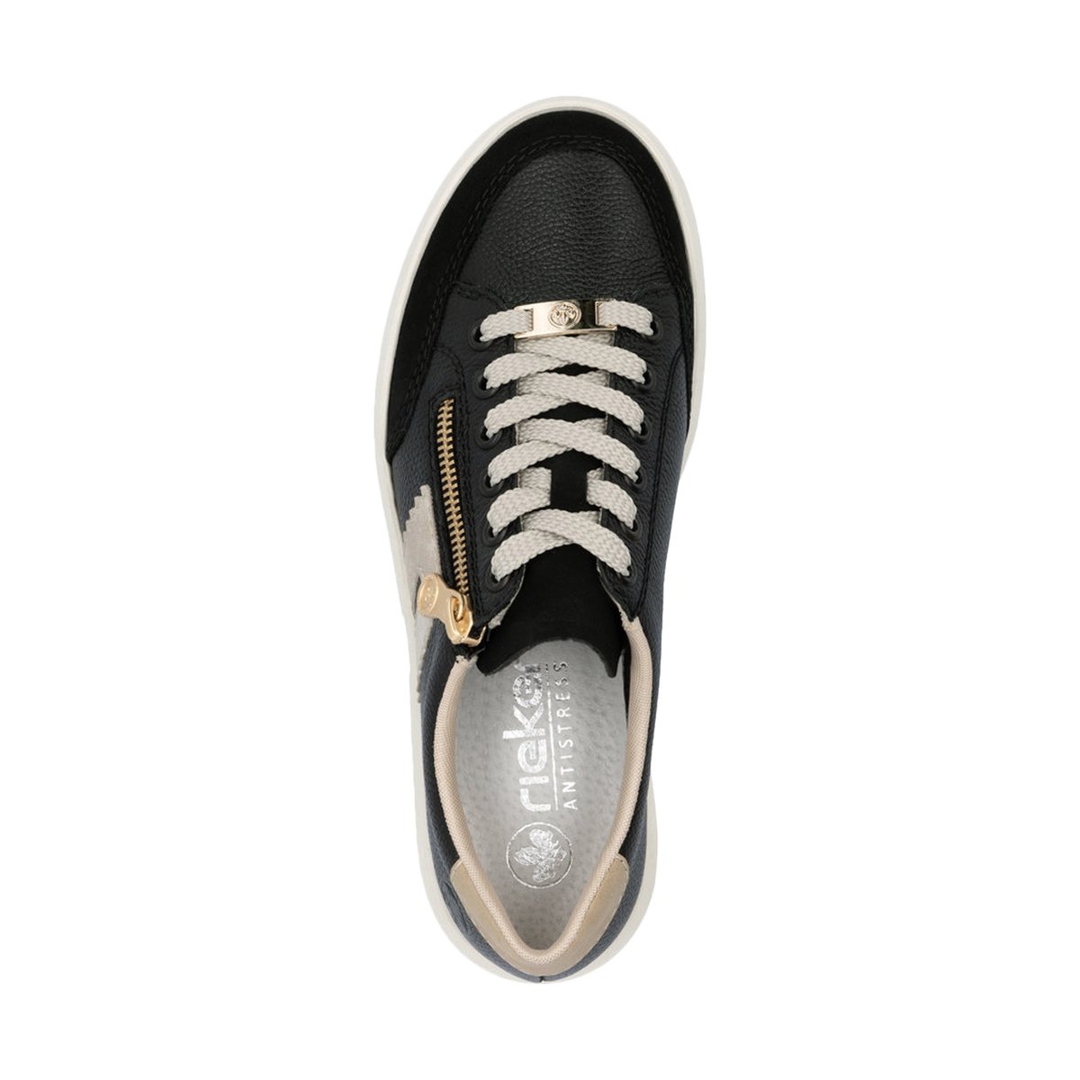 Tennis noir à talon plateau et à lacets plats avec fermeture zippée dorée noir, RIEKER