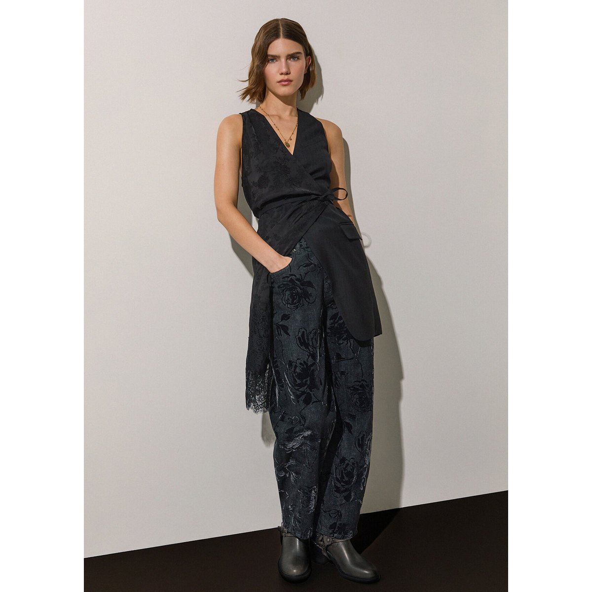 Pantalon ballon avec imprimé floqué denim noir, LIU JO