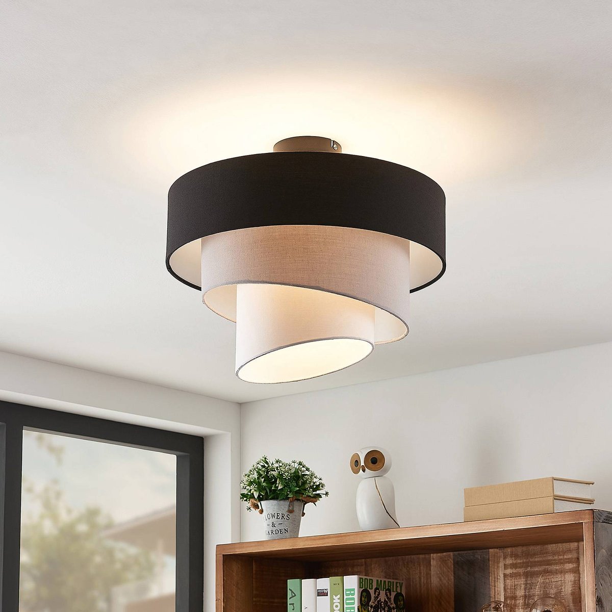 Plafonnier en textile moderne, Coria noir, gris, blanc, LINDBY