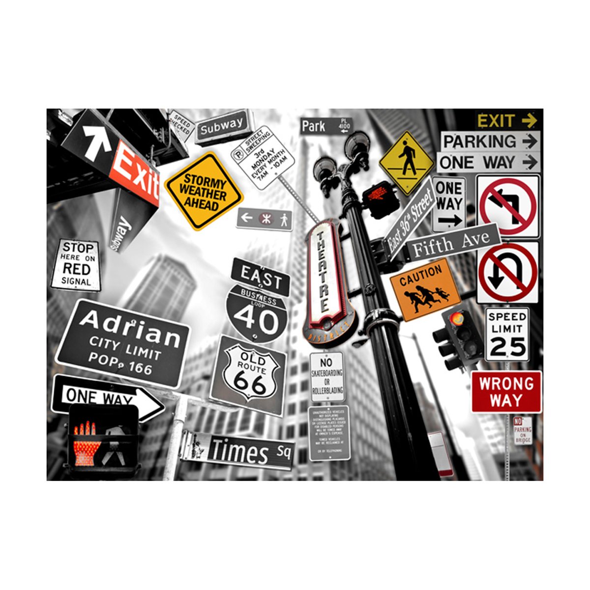 Papier peint intissé panoramique Street art Panneaux de signalisation à New York (fond noir et blanc) noir, EDEN