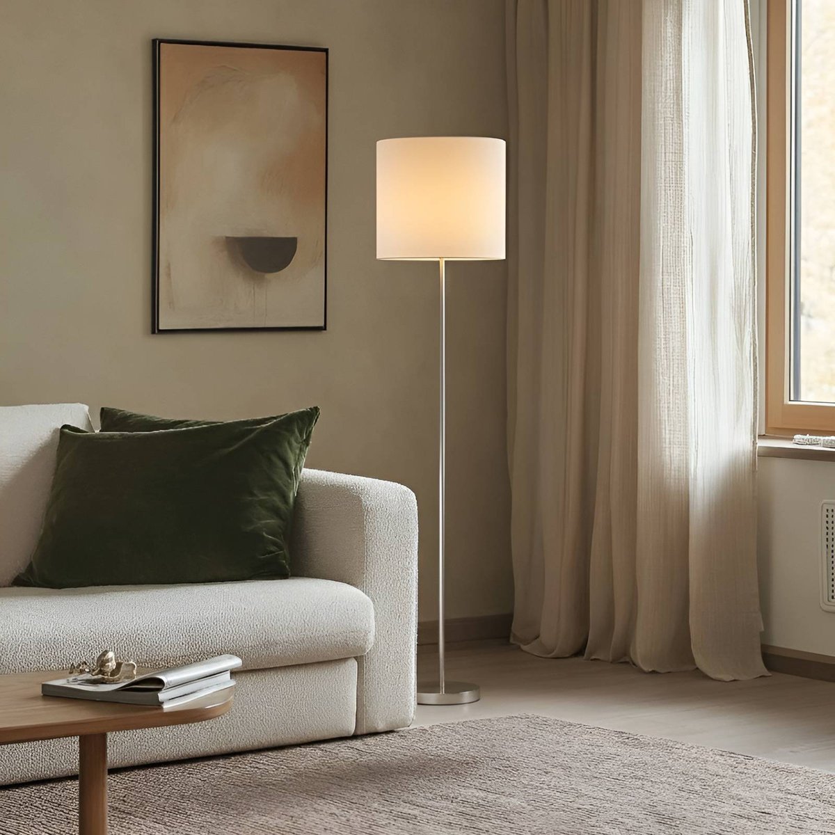 Lampadaire en textile jeunes, Parsa blanc, nickel satiné, LINDBY