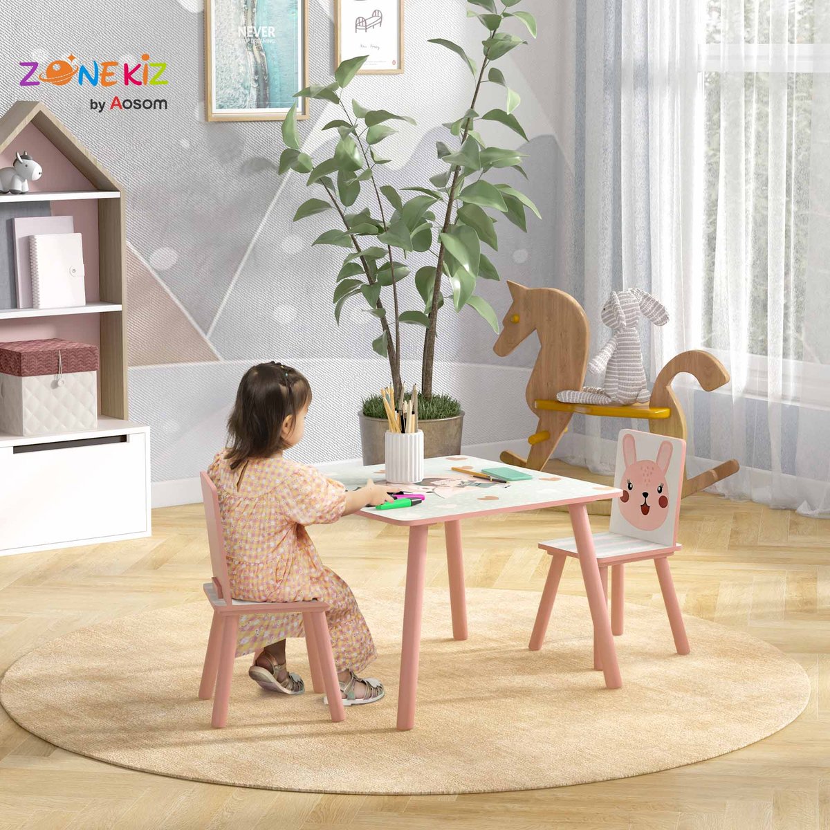 Ensemble table et chaises pour enfants MDF rose et motifs animaux, ZONEKIZ