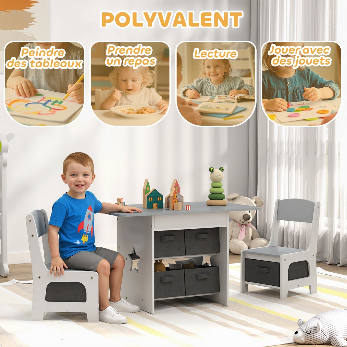 Ensemble table et chaises pour enfants MDF gris clair, gris foncé, blanc, AIYAPLAY