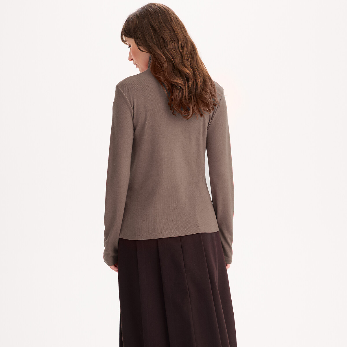 T-shirt col roulé lyocell mélangé, manches longues marron chiné, ANNE WEYBURN