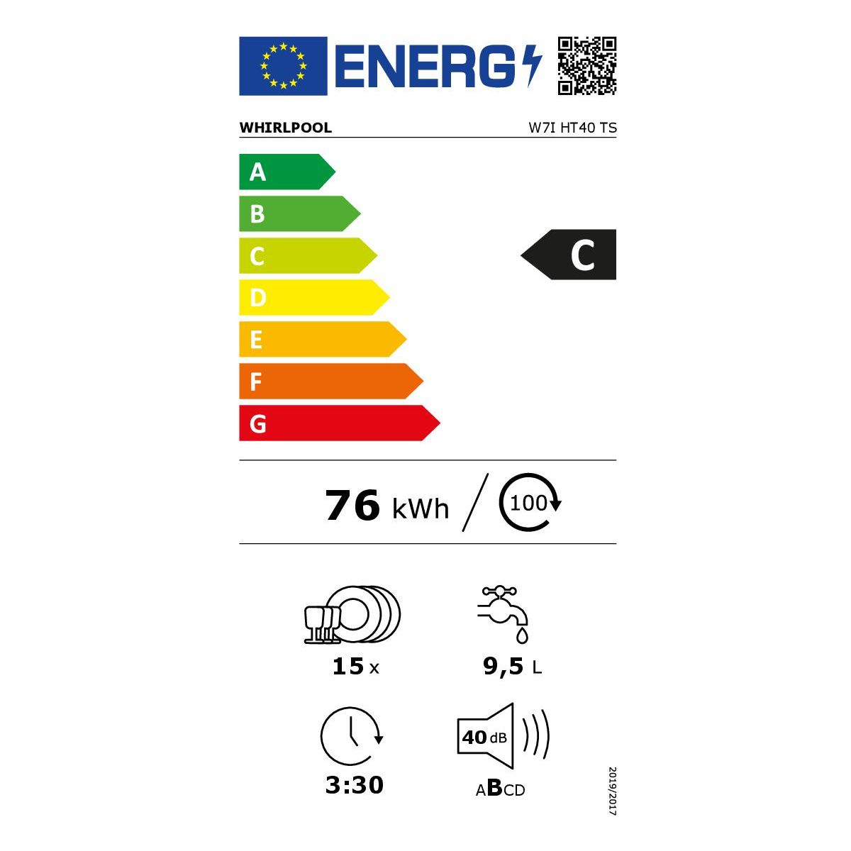Lave vaisselle encastrable W7IHT40TS MaxiSpace couleur unique, WHIRLPOOL