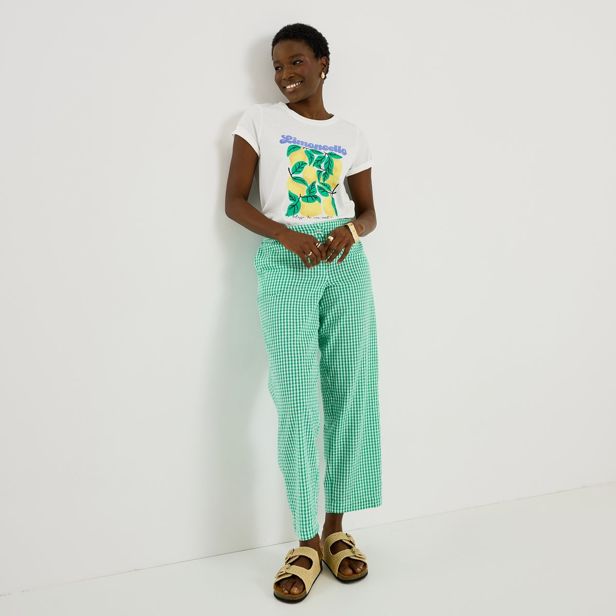 Pantalon seersucker imprimé vichy vert, GRAIN DE MALICE