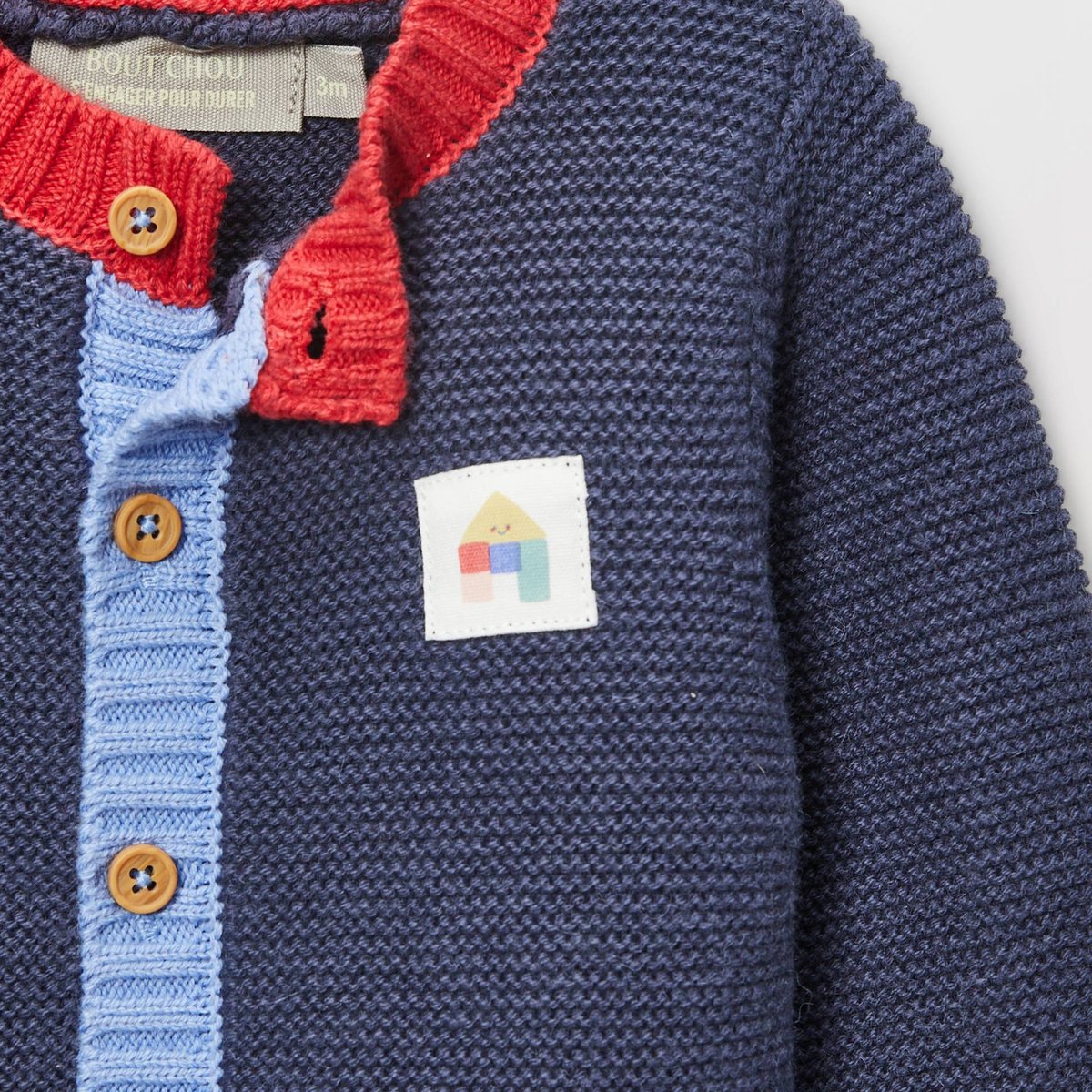 Cardigan en point mousse en coton pierre bleue, BOUT'CHOU