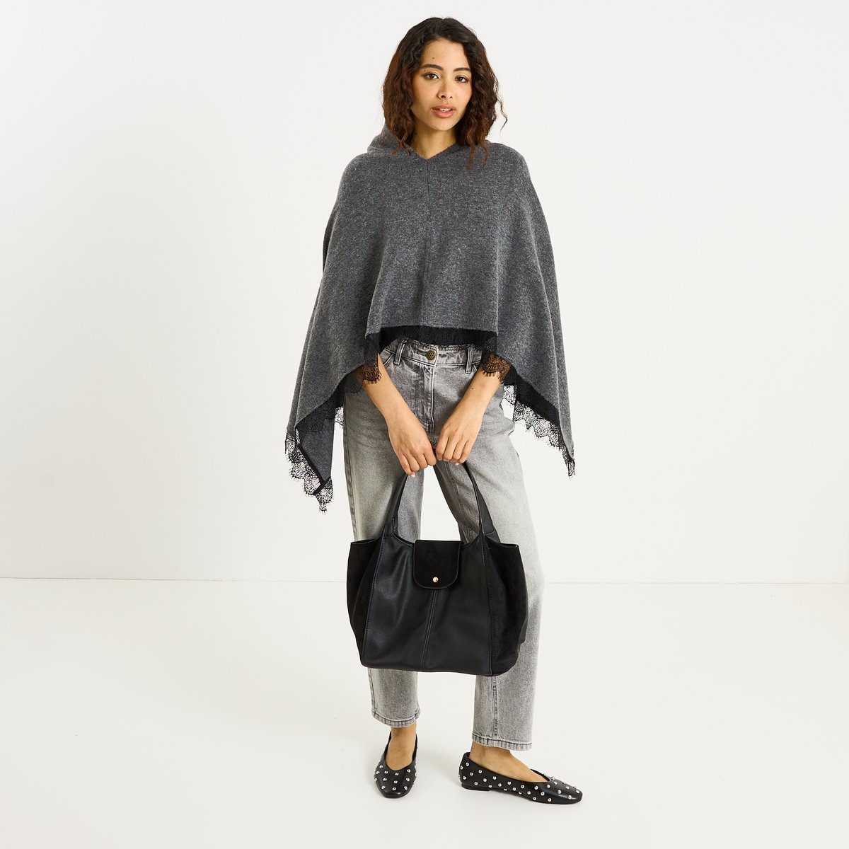 Poncho en maille bordure ajourée gris, GRAIN DE MALICE