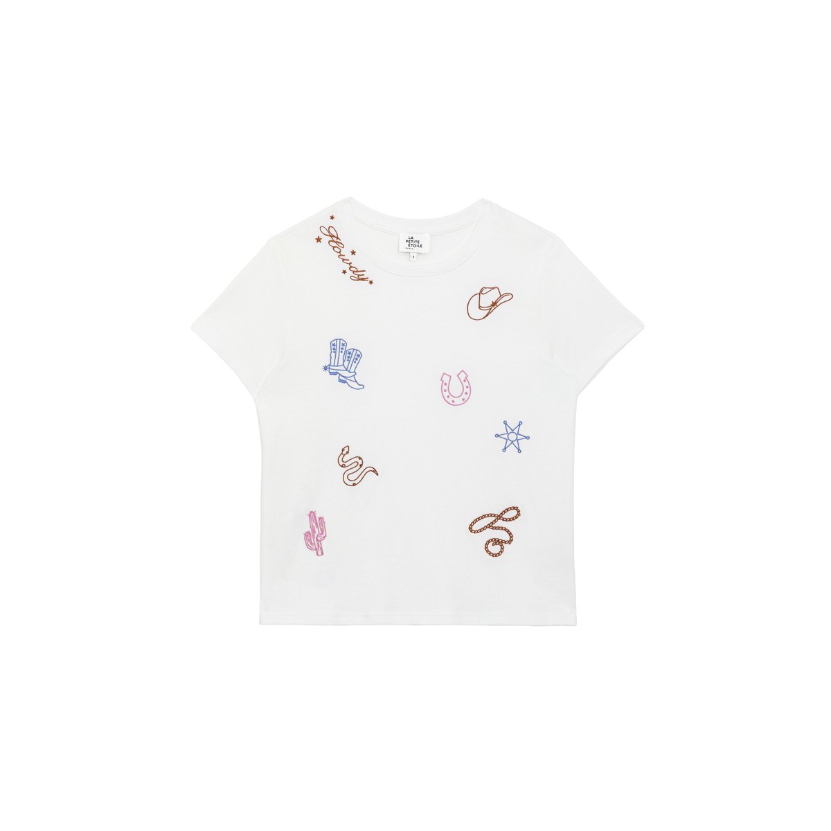 T-shirt manches courtes col rond imprimé broderie TAIGO 11-ecru, LA PETITE ETOILE