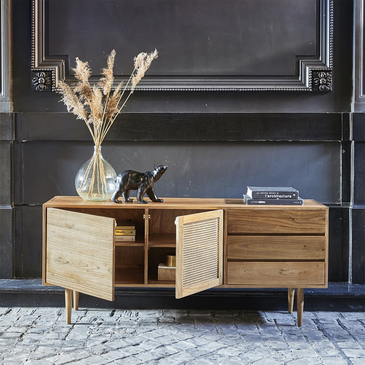 Buffet en bois massif 2 portes et 3 tiroirs HANA naturel, BERAH GETAH